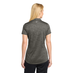 Back of woman wearing dark grey polo with Insideya Golf icon