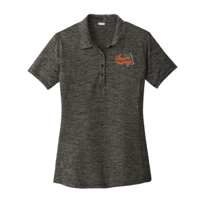 Women's dark grey golf polo with Insideya Golf tagline