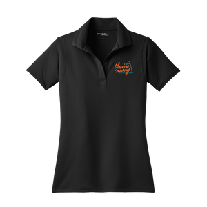 A black Insideya Golf Sport-Tek women's micropique sport-wick polo shirt with a collar and short sleeves.