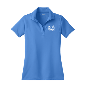 A blue Insideya Golf Sport-Tek women's micropique sport-wick polo shirt with a collar and short sleeves.