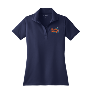 A navy Insideya Golf Sport-Tek women's micropique sport-wick polo shirt with a collar and short sleeves.
