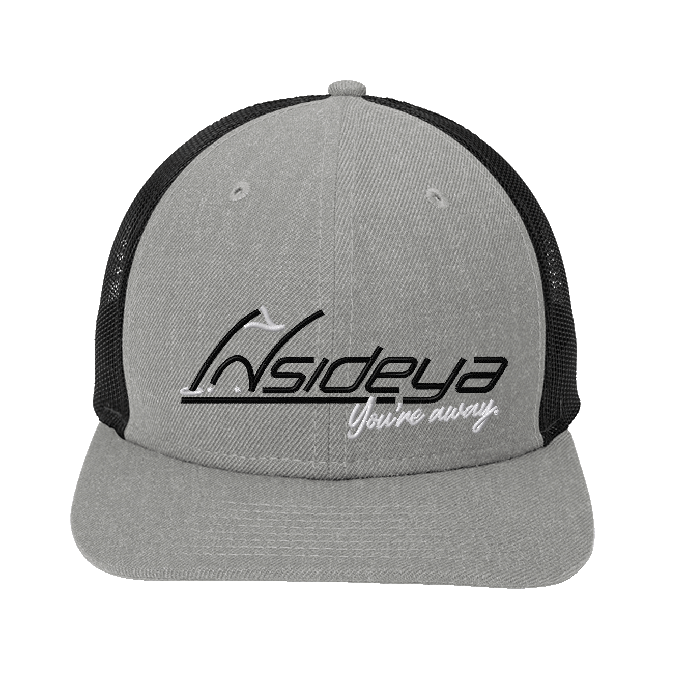 Heather Grey Black New Era Snapback Low Profile Trucker Cap with Embroidered Insideya Golf logo