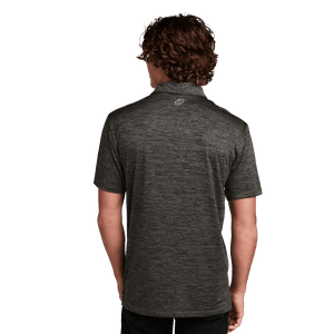 Model wearing grey golf polo with Insideya Golf logo on back yoke