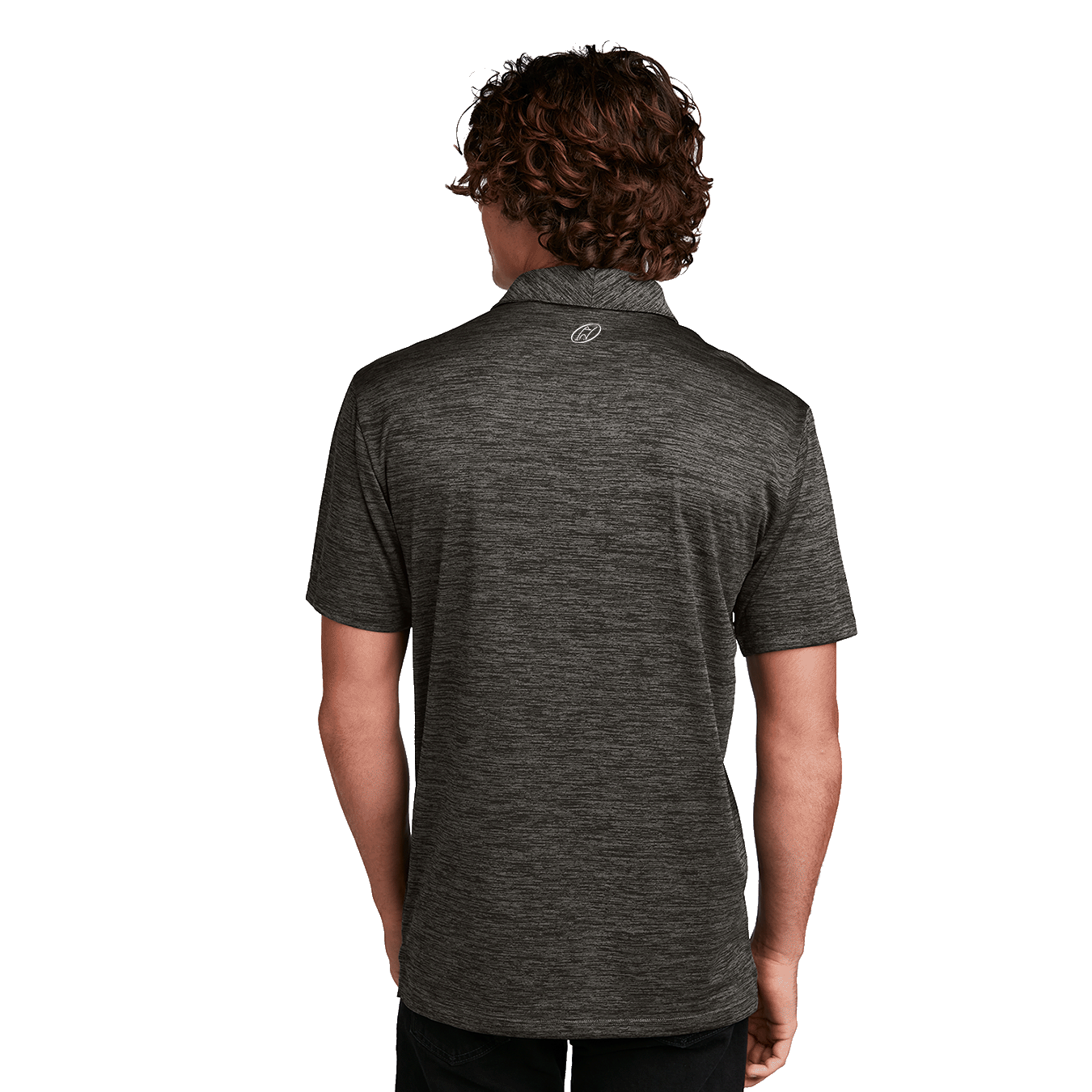 Model wearing grey golf polo with Insideya Golf logo on back yoke