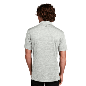 Model wearing grey golf polo with Insideya Golf logo on back yoke