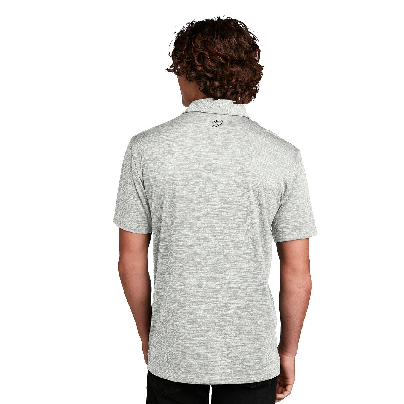 Model wearing grey golf polo with Insideya Golf logo on back yoke