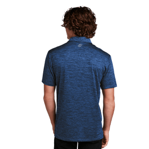 Model wearing navy golf polo with Insideya Golf logo on back yoke