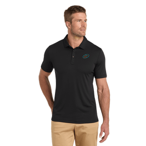 Model wearing black TravisMathew polo with Insideya Golf icon on left chest