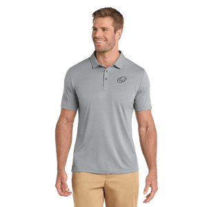Model wearing grey TravisMathew polo with Insideya Golf icon on left chest
