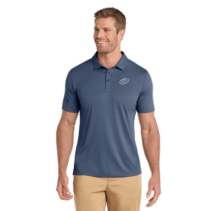 Model wearing blue TravisMathew polo with Insideya Golf icon on left chest