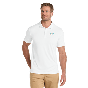 Model wearing white TravisMathew polo with Insideya Golf icon on left chest
