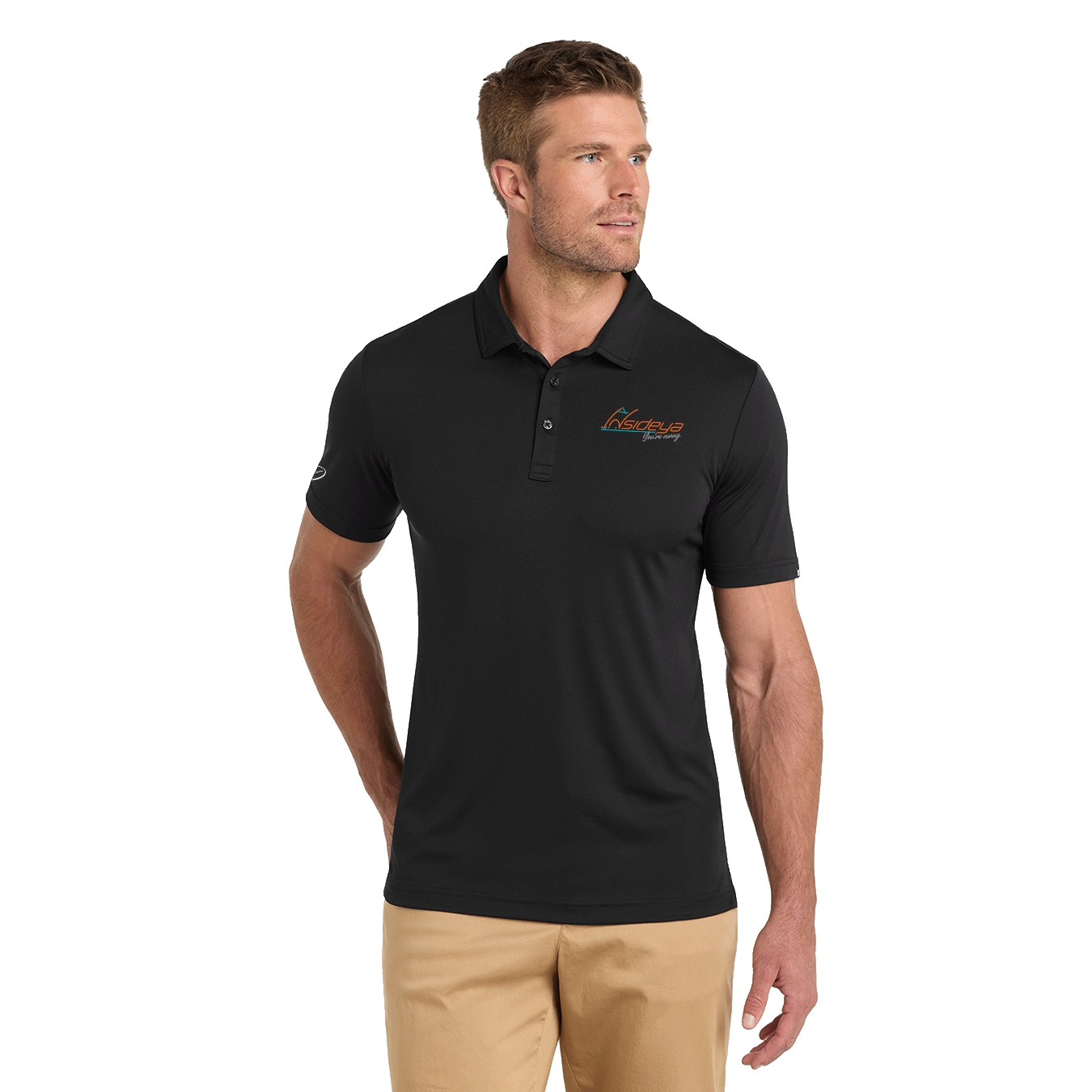 Model wearing black TravisMathew polo with Insideya Golf logo on left chest and right sleeve