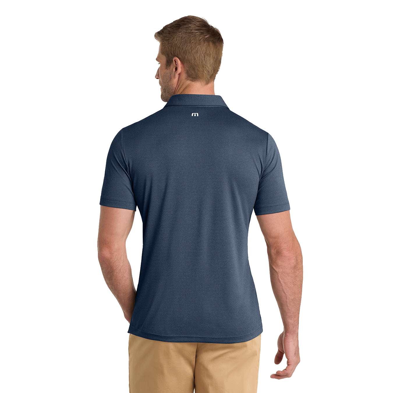 Man wearing a navy blue polo with Insideya Golf logo on the back