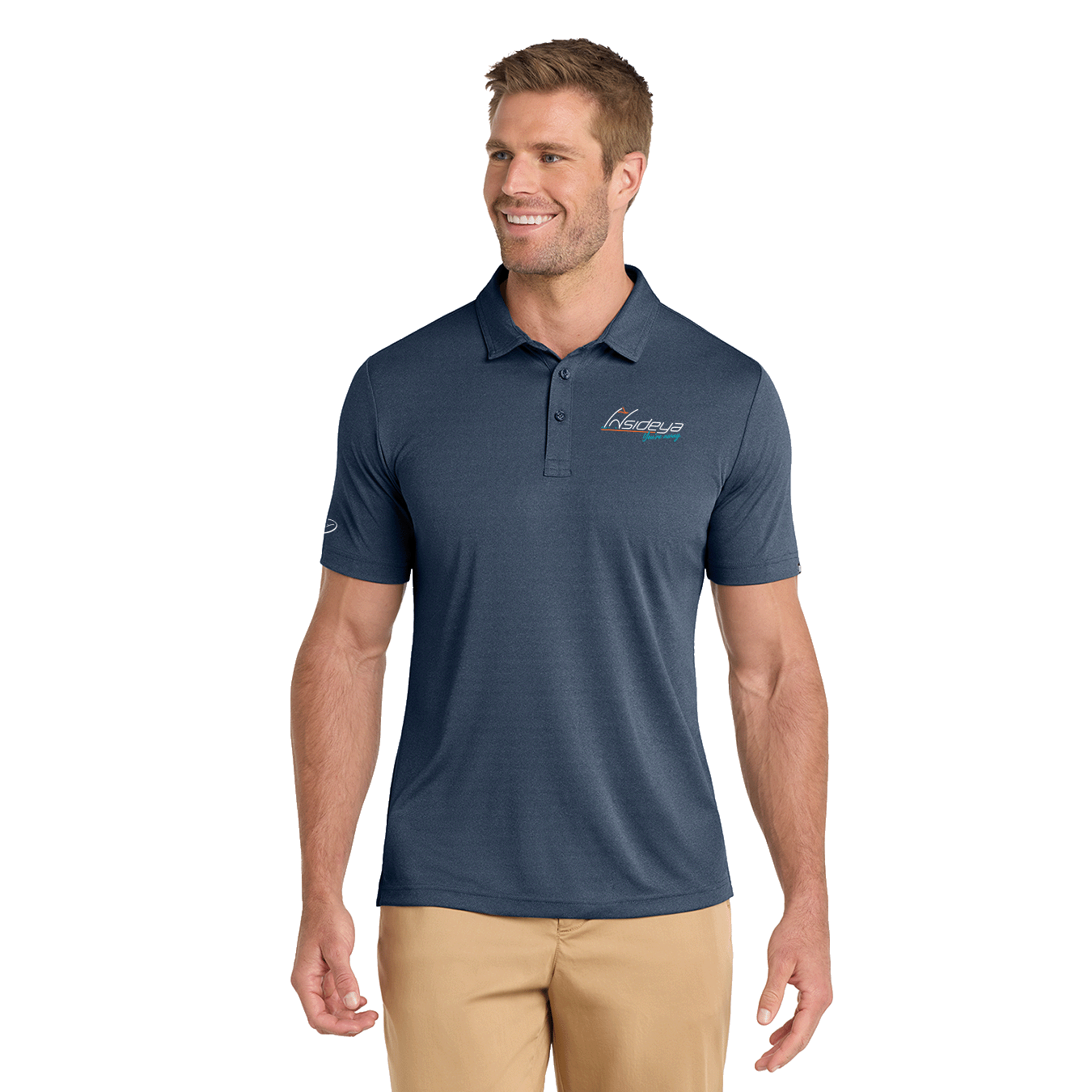 Model wearing blue TravisMathew polo with Insideya Golf logo on left chest and right sleeve