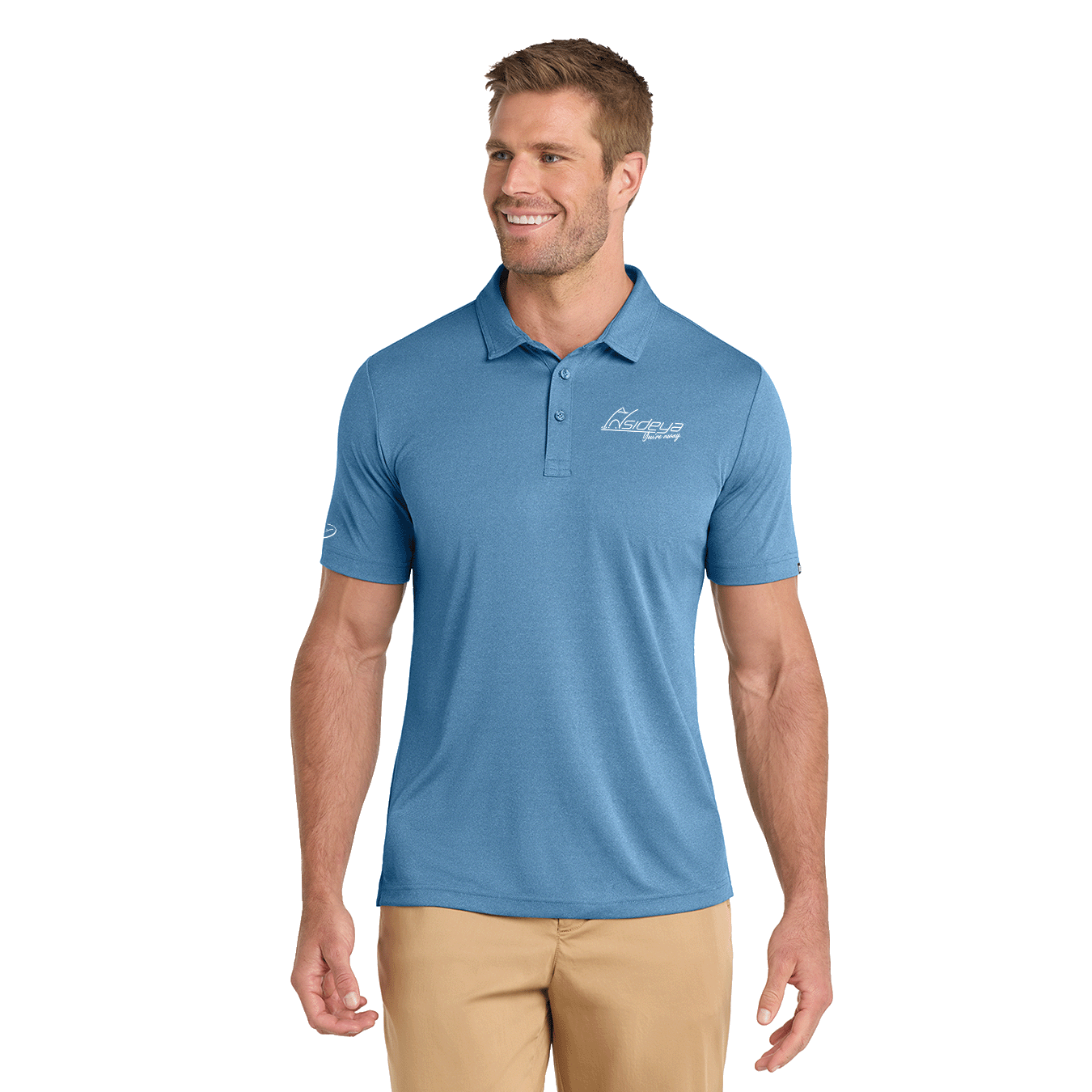 Model wearing blue TravisMathew polo with Insideya Golf logo on left chest and right sleeve