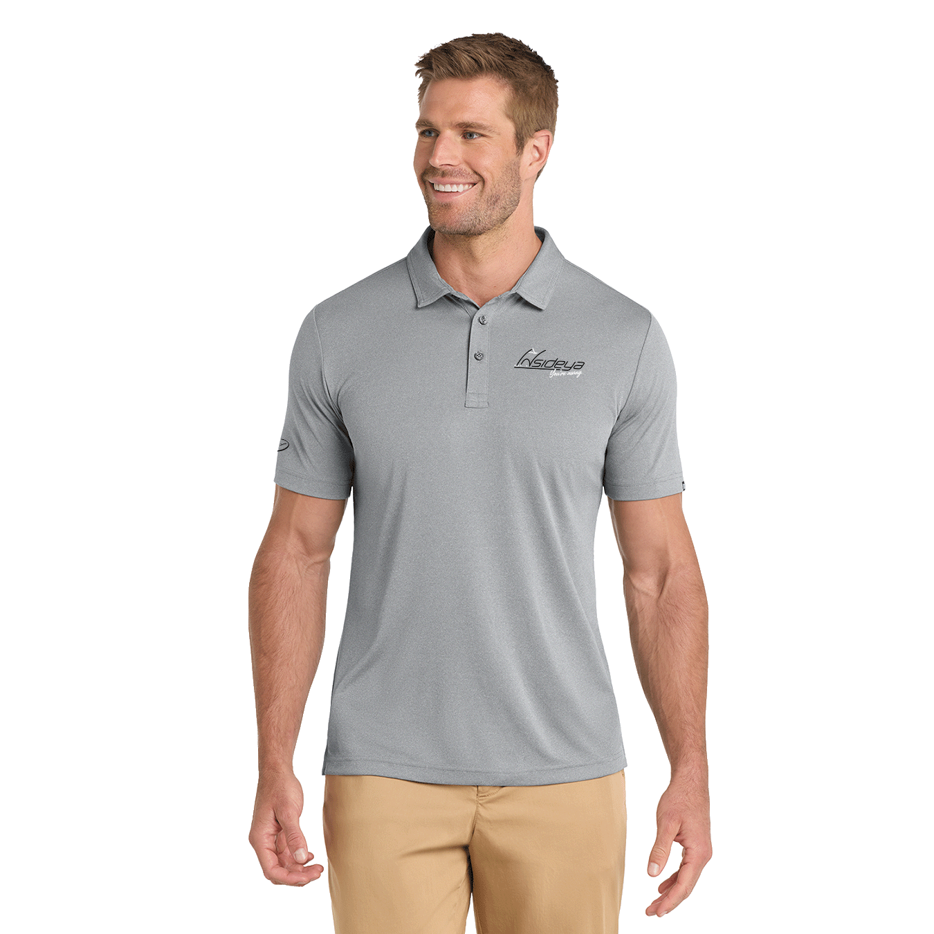 Grey TravisMathew polo with Insideya Golf logo on left chest and right sleeve