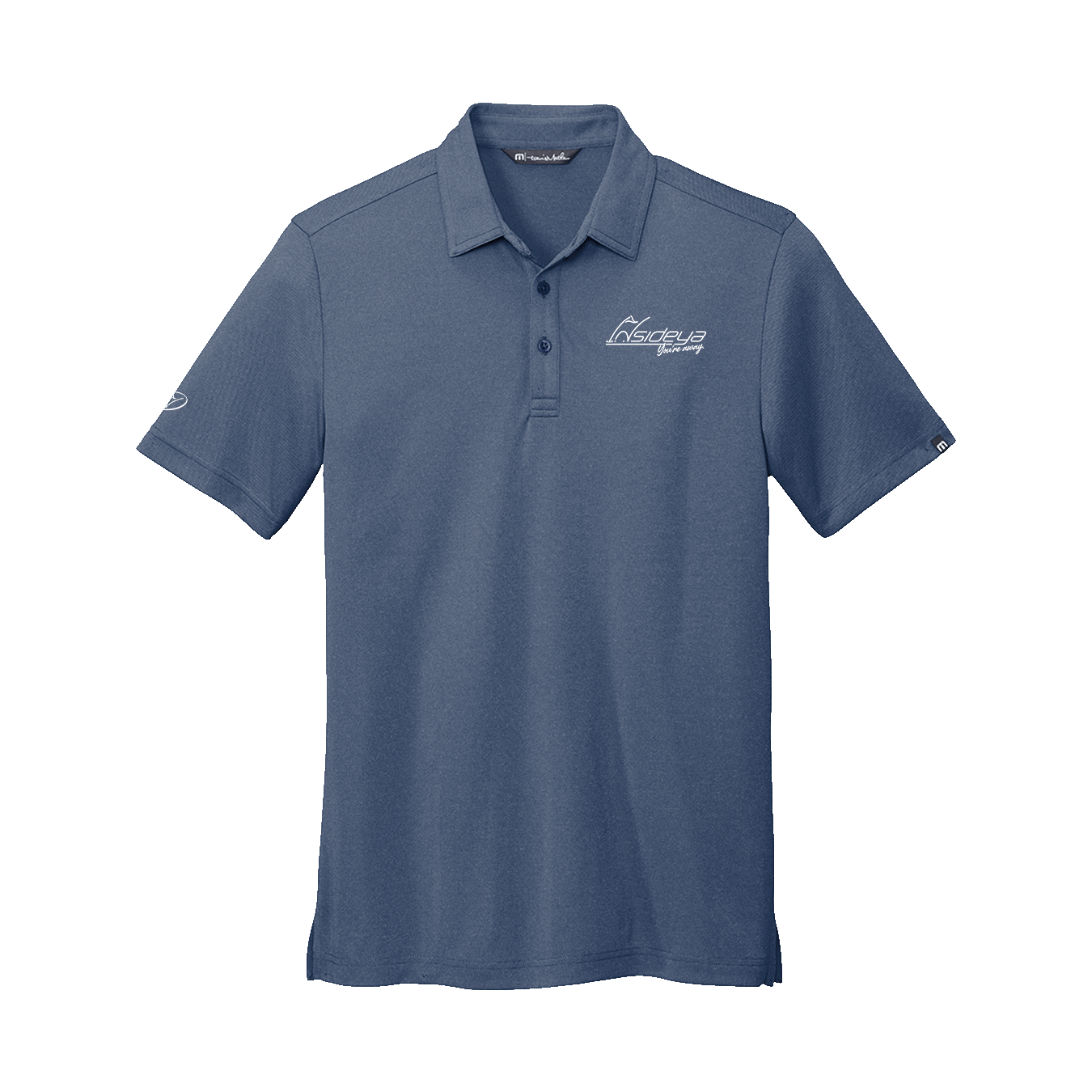 Blue TravisMathew polo with Insideya Golf logo on left chest and right sleeve
