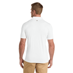White TravisMathew Coto Performance Polo with embroidered Insideya Golf logo on left chest back model 