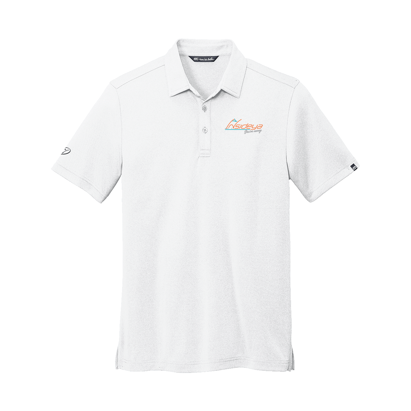 White TravisMathew polo with Insideya Golf logo on left chest and right sleeve