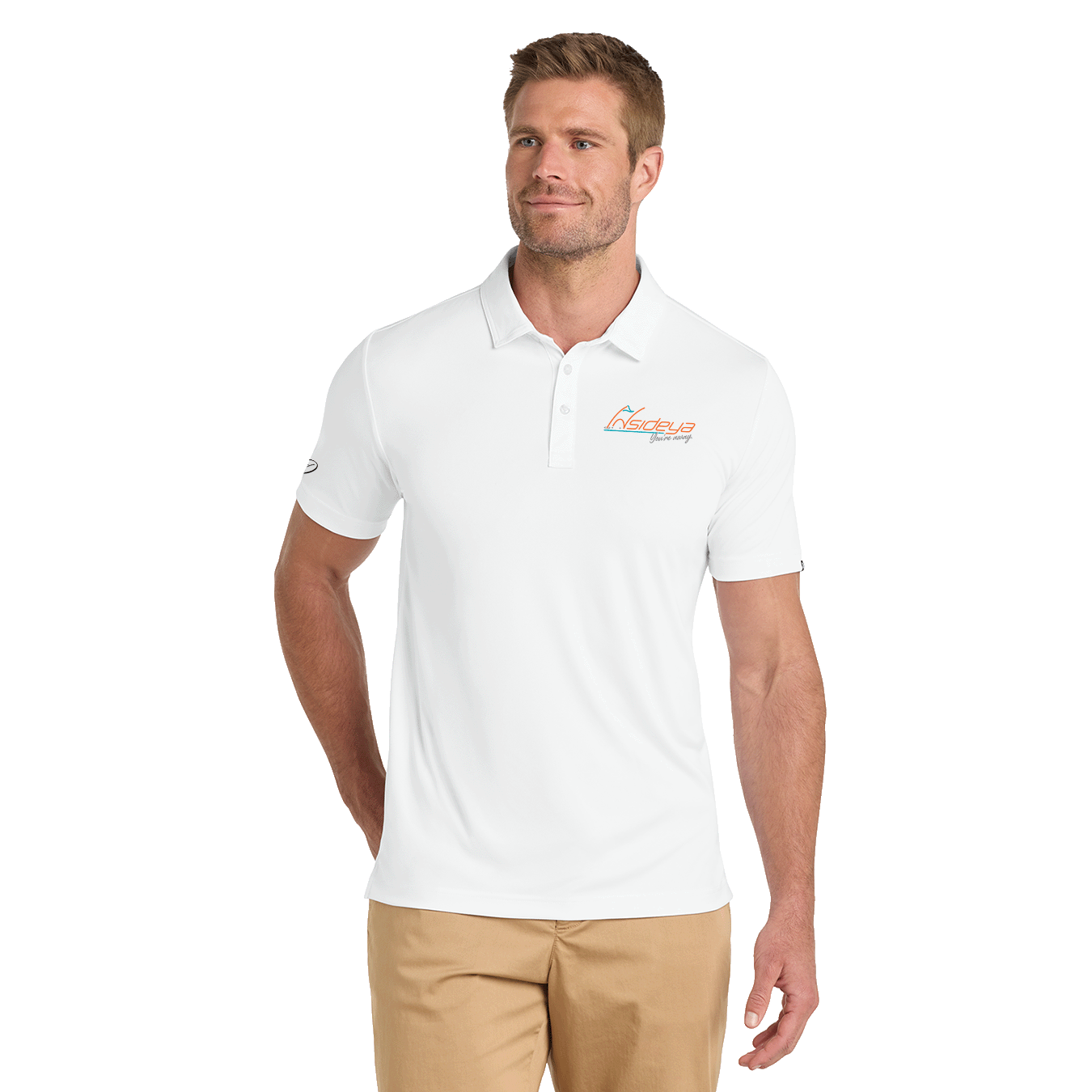Model wearing white TravisMathew polo with Insideya Golf logo on left chest and right sleeve