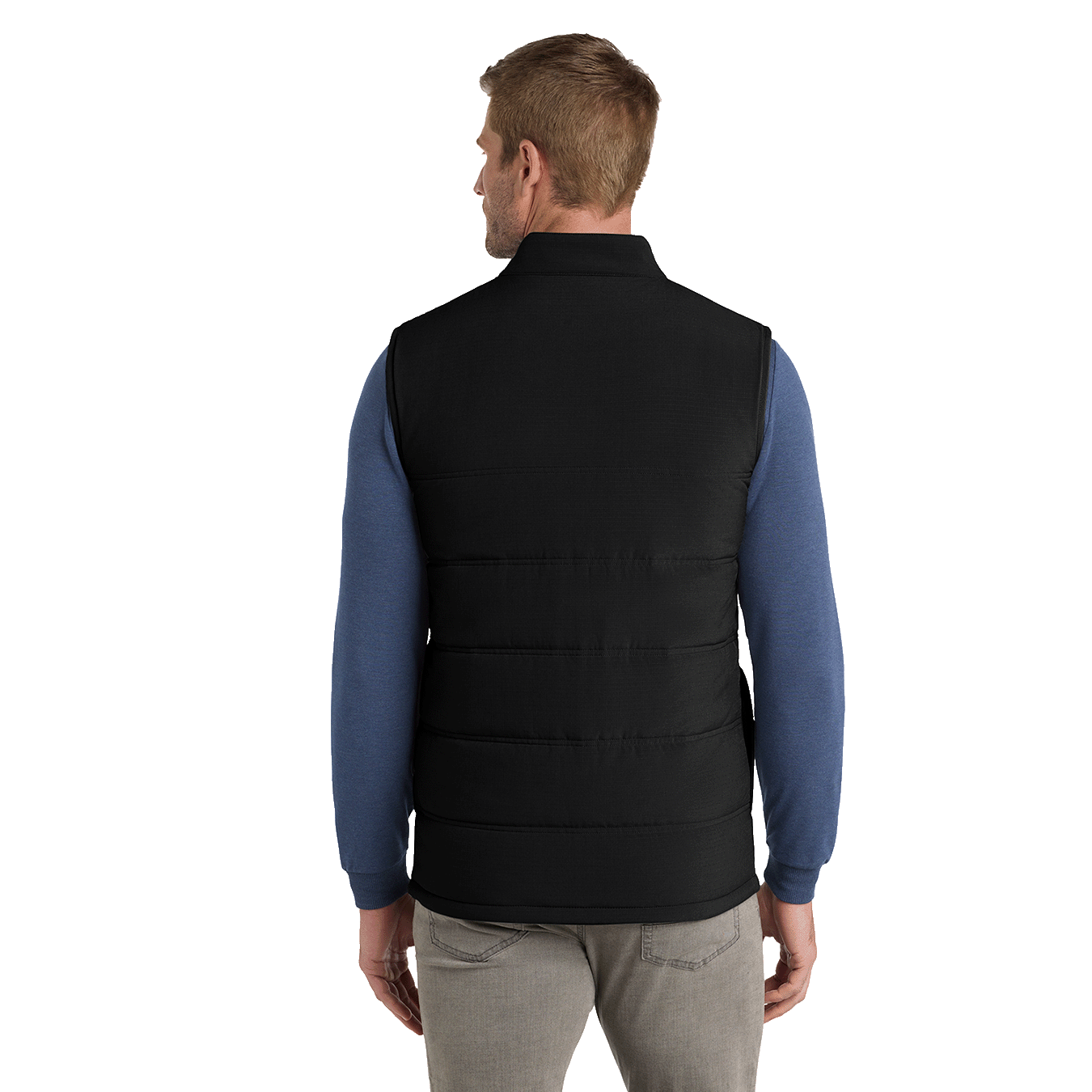 Back of model wearing black vest