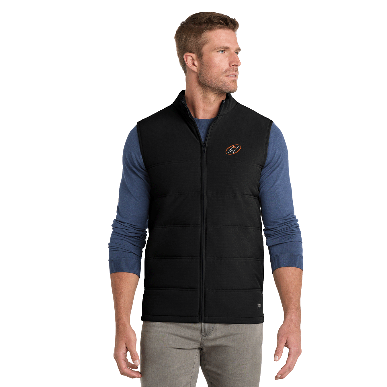 Model wearing black TravisMathew vest with Insideya Golf icon on left chest