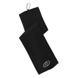 Black golf towel with embroidered Insideya Golf icon
