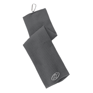 Grey golf towel with embroidered Insideya Golf icon