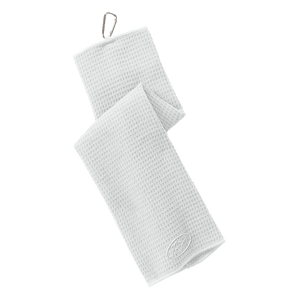 White golf towel with embroidered Insideya Golf icon