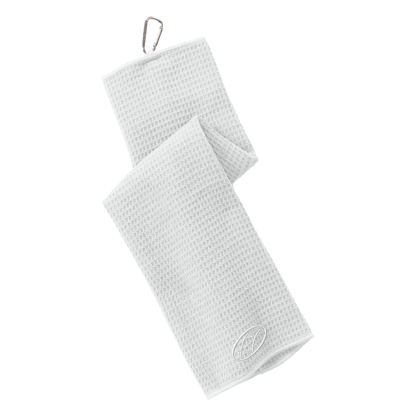 White golf towel with embroidered Insideya Golf icon