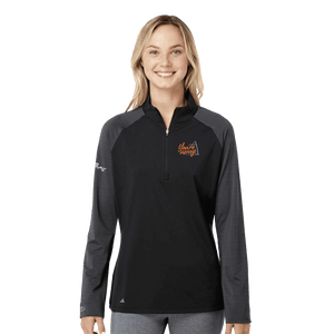 Model wearing black women's adidas jacket with Keith Byars signature on right sleeve