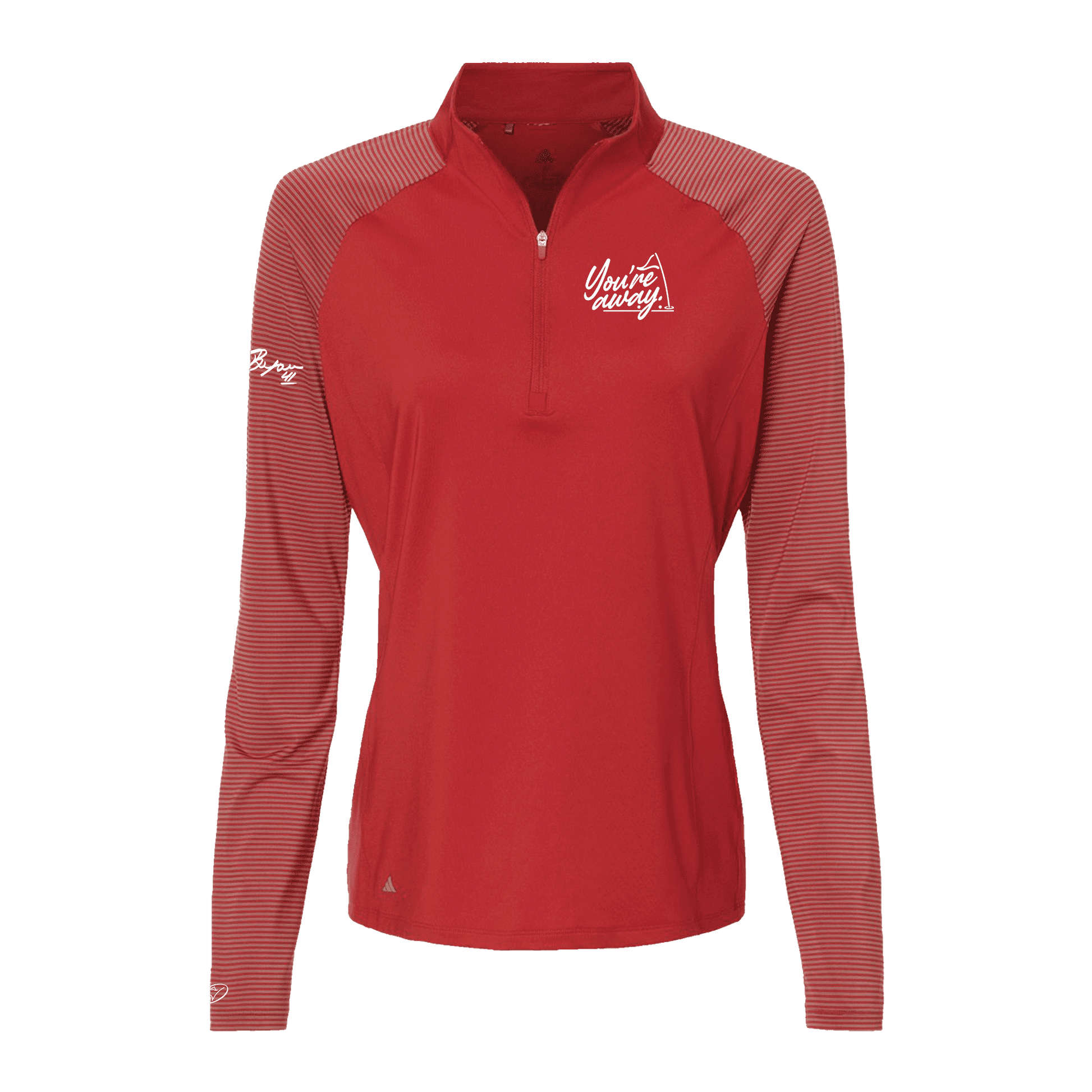 red women's adidas jacket with Keith Byars signature on right sleeve